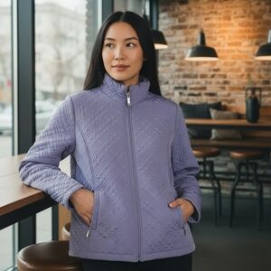 Gallery Lavender Quilted Puffer Jacket Large Zip Front Lightweight Winter Coat